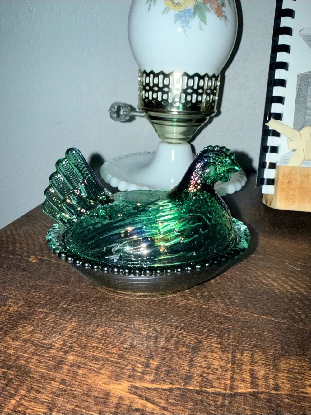 Iridescent Green Glass Hen on Nest Trinket Dish